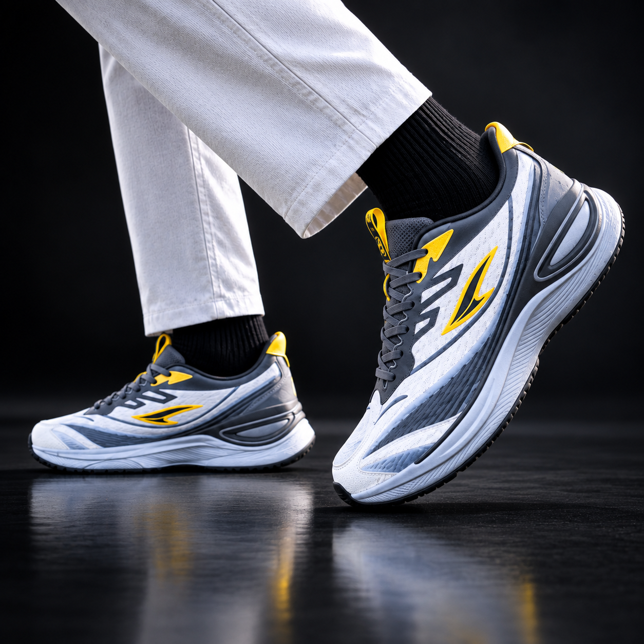 Men's White & Grey Running Shoes with Yellow Accents - Image 4