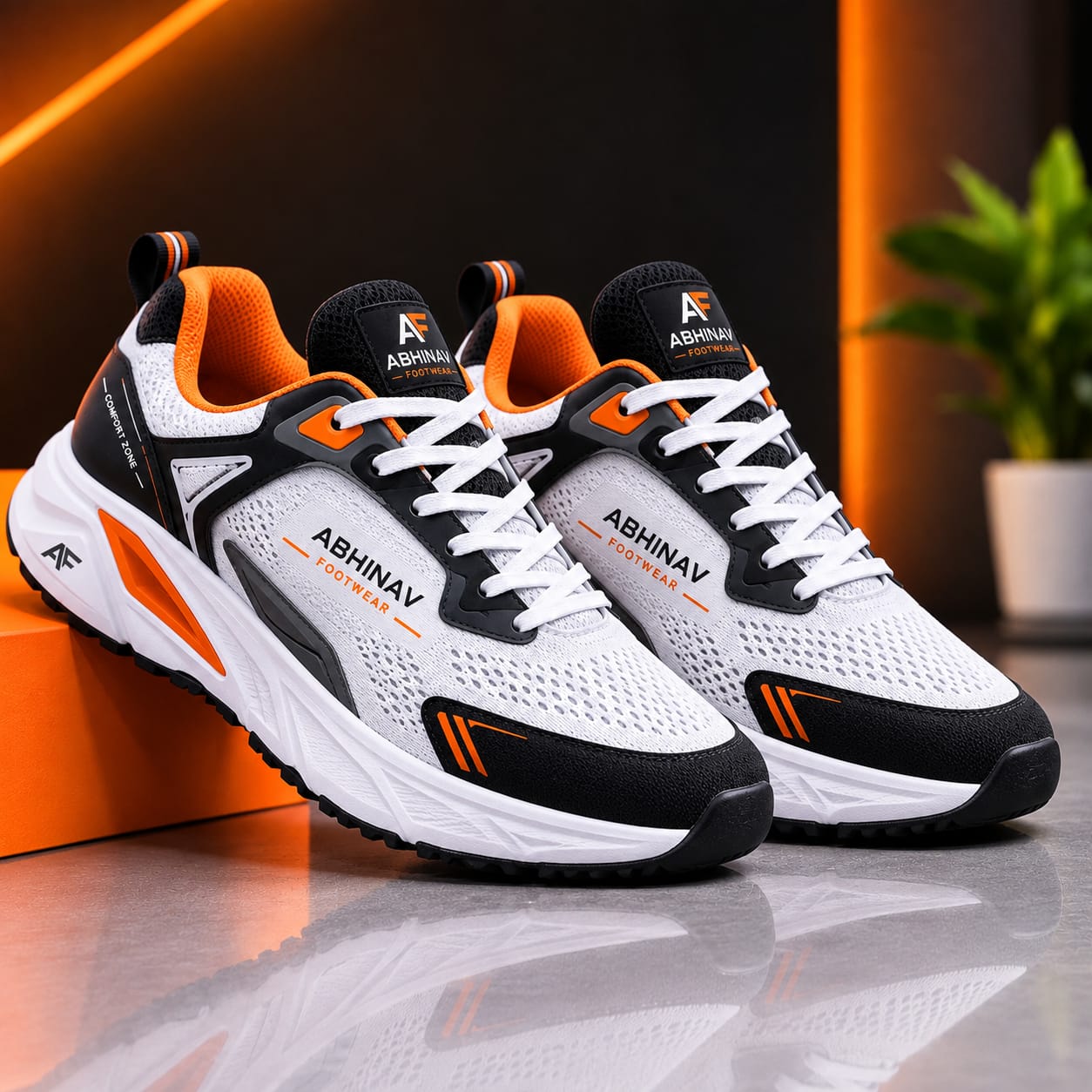 White, Black & Orange Sports Sneakers - Image 4