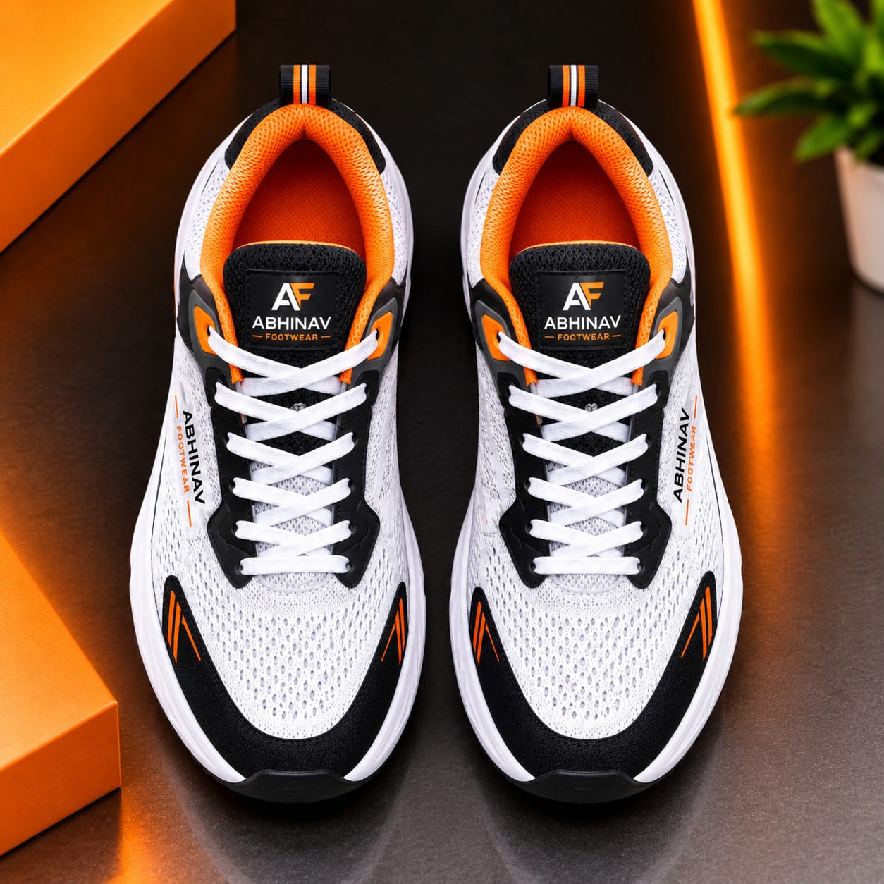 White, Black & Orange Sports Sneakers - Image 5