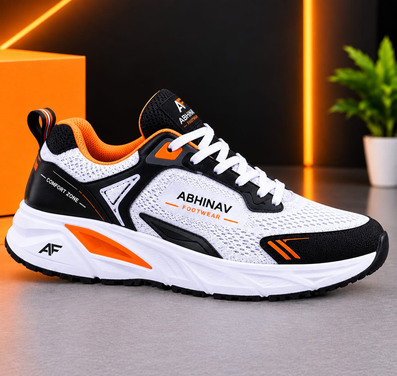 White, Black & Orange Sports Sneakers - Image 2
